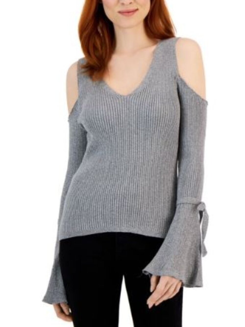 INC International NWT Silver Ribbed Cold-Shoulder V-Neck Sweater Women's Size S